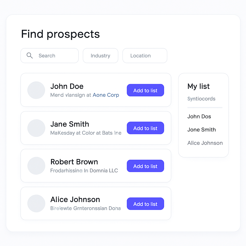 Outbound Copilot prospecting screen with search filters and a list of prospect result cards for building a targeted prospect list