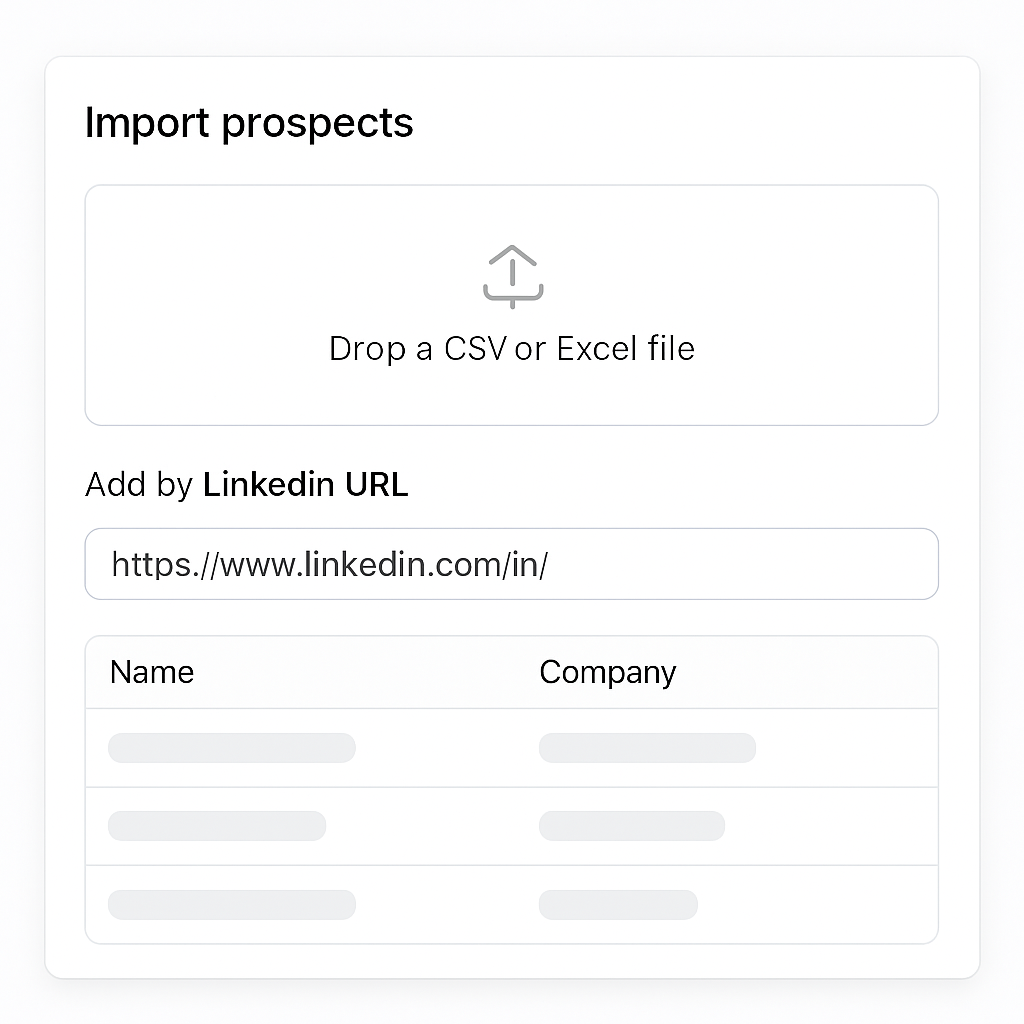 Outbound Copilot import screen for adding prospects from a CSV, spreadsheet, or LinkedIn URL