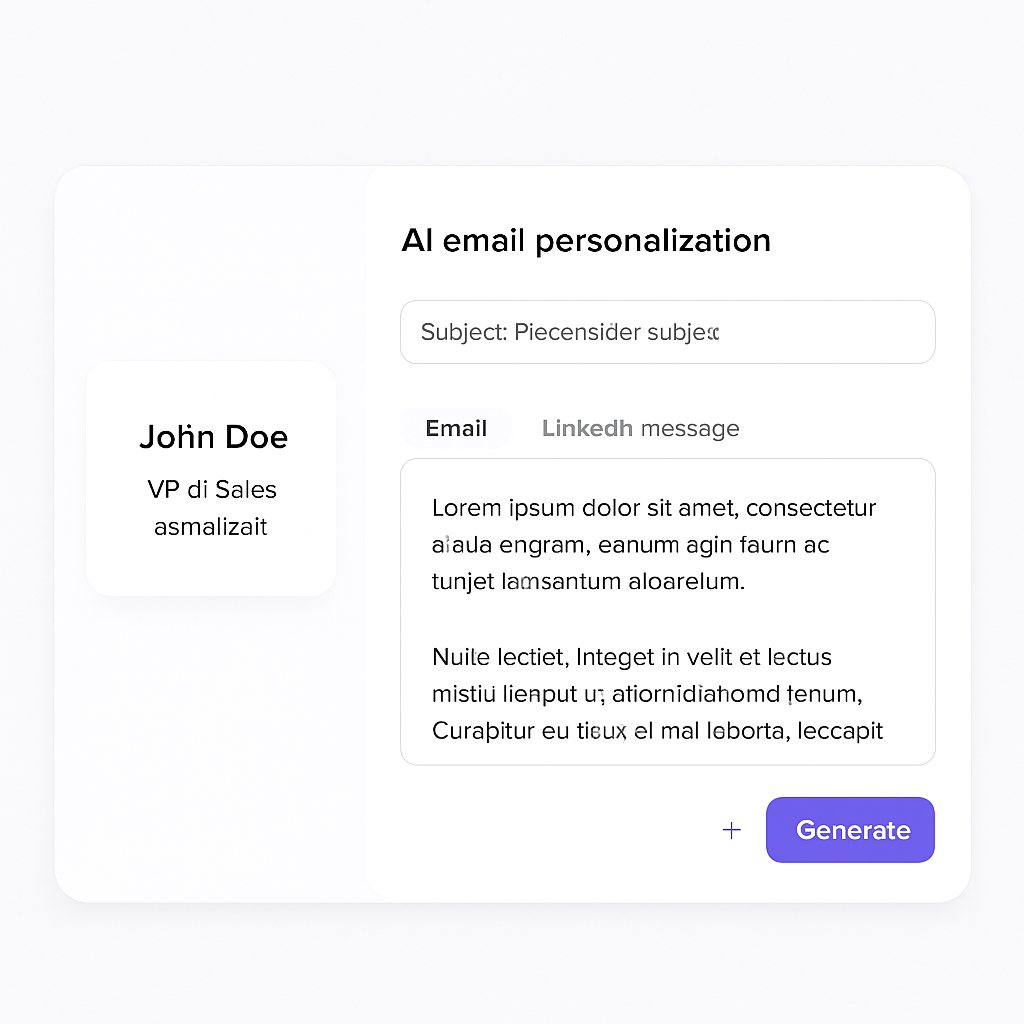 Outbound Copilot AI personalization screen with a generated cold email draft and a LinkedIn outreach message toggle